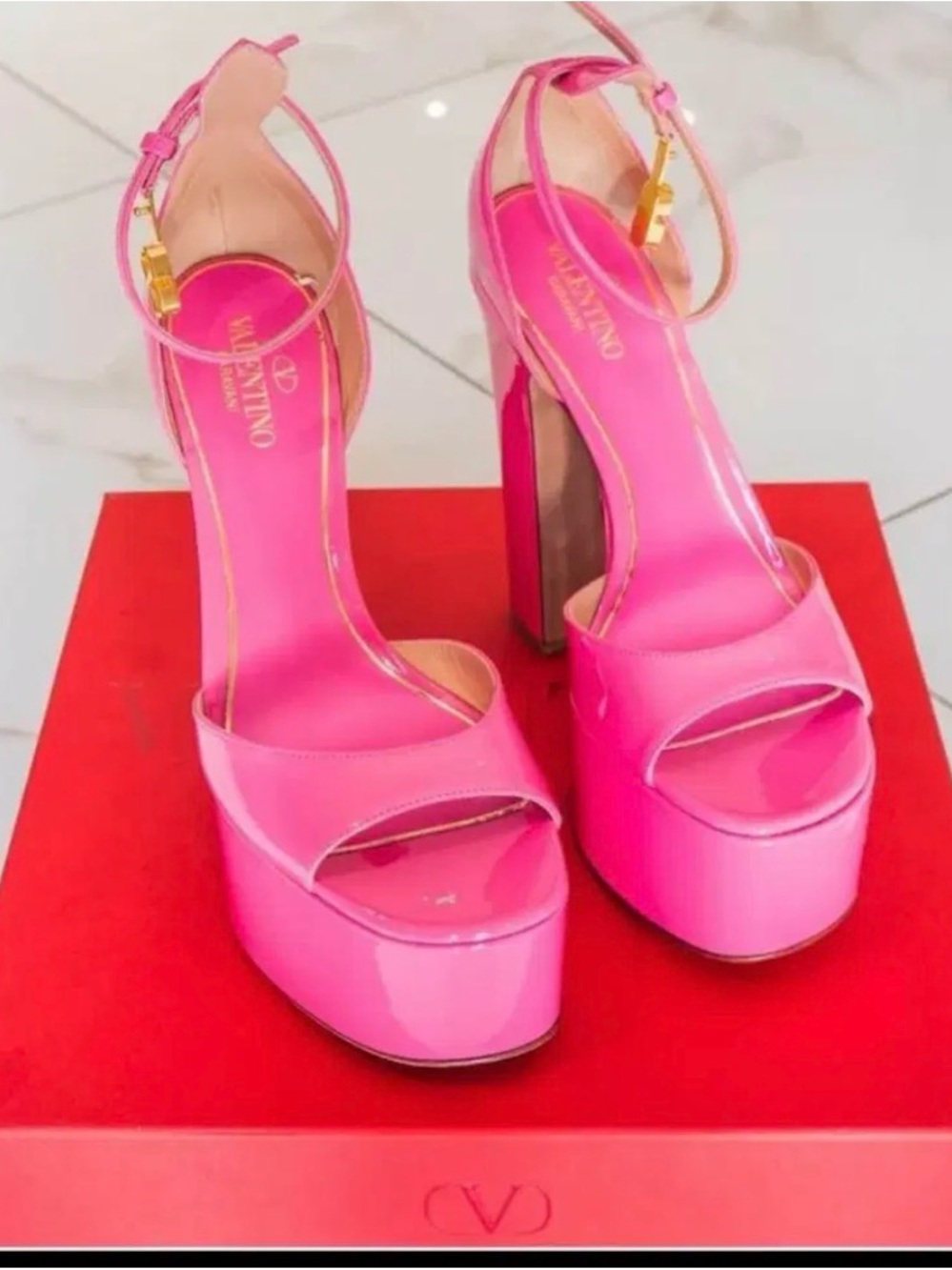 Valentino Hot Pink Patent Platform Sandals with Ankle Strap